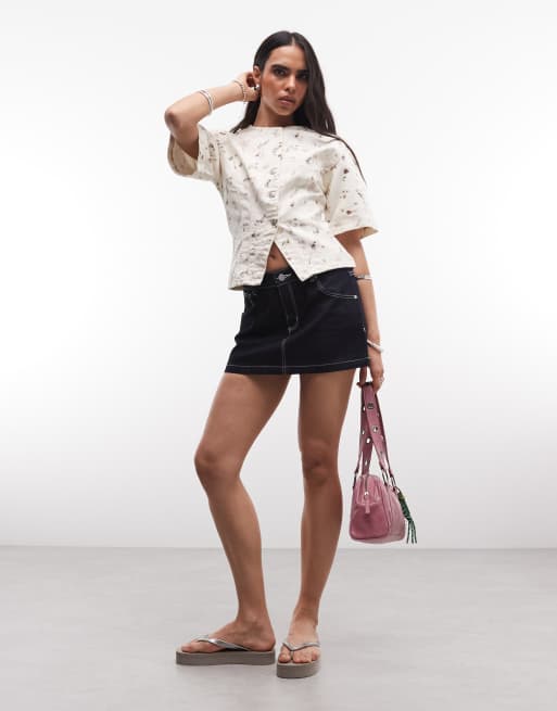 ASOS DESIGN - Top stretto in vita in denim a fiori, 2 di 4
