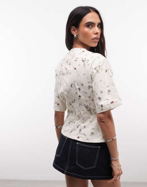 ASOS DESIGN - Top stretto in vita in denim a fiori, 4 di 4