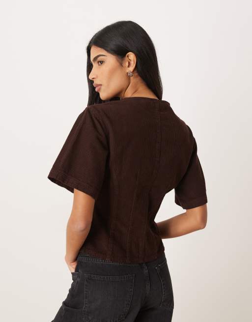 ASOS DESIGN - Top stretto in vita in tessuto a coste marrone cioccolato, 2 di 4