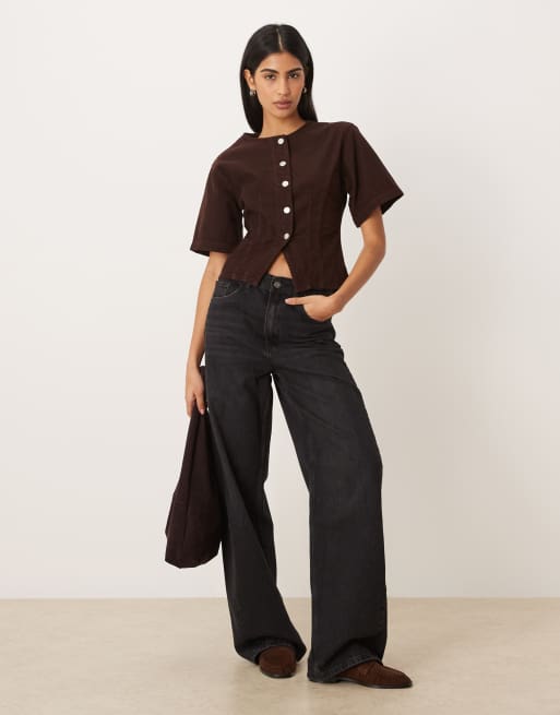 ASOS DESIGN - Top stretto in vita in tessuto a coste marrone cioccolato, 4 di 4