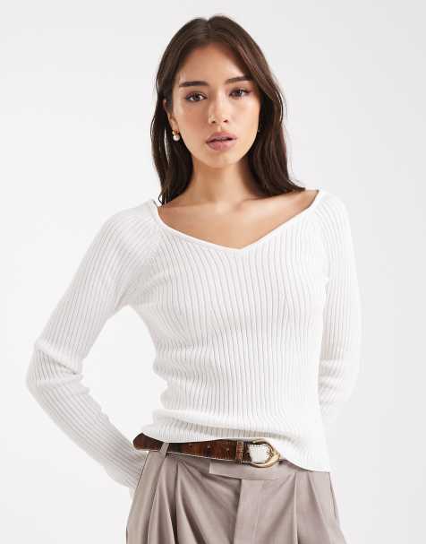 ASOS DESIGN - Top structuré en maille avec col V - Crème - view 1