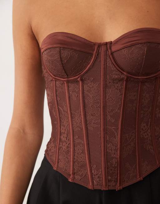 ASOS DESIGN - Top style corset à armatures avec détails en dentelle mélangée - Chocolat, 3 de 4