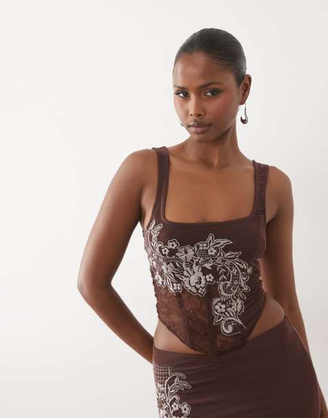 ASOS DESIGN - Top style corset d'ensemble en tulle brodé - Chocolat - view 1