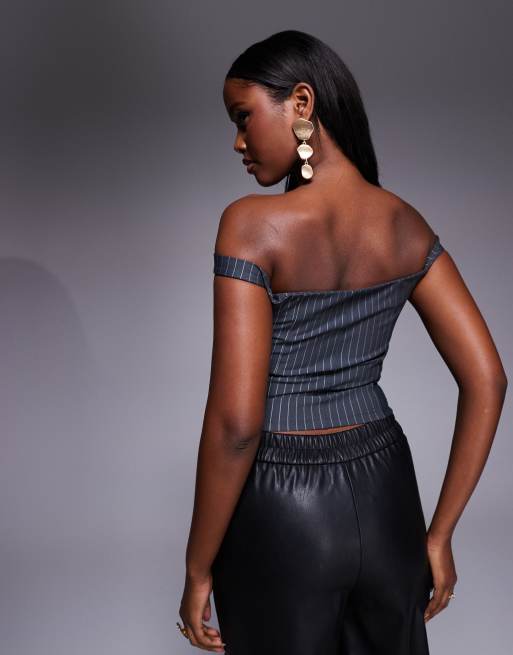 ASOS DESIGN - Top style corset en bengaline à encolure Bardot et fines rayures - Gris, 4 de 4