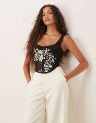 ASOS DESIGN - Top style corset en dentelle brodée - Noir