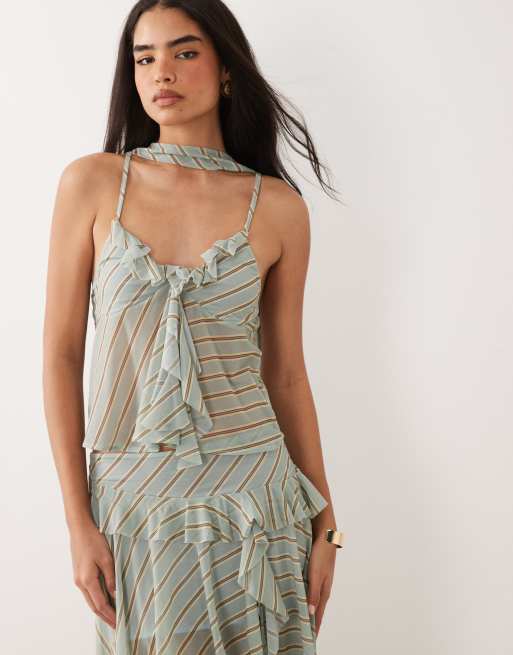 ASOS DESIGN - Top style foulard d'ensemble à volants et décolleté plongeant en mousseline stretch à rayures, 2 de 4