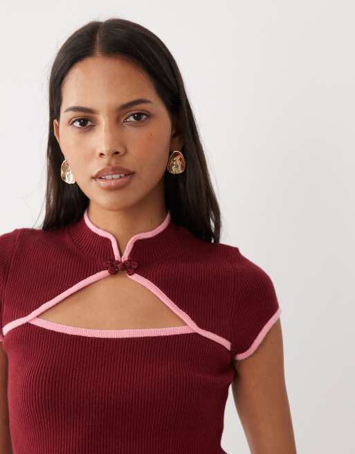 ASOS DESIGN top style mandarin avec liserés contrastants bordeaux, 2 de 4
