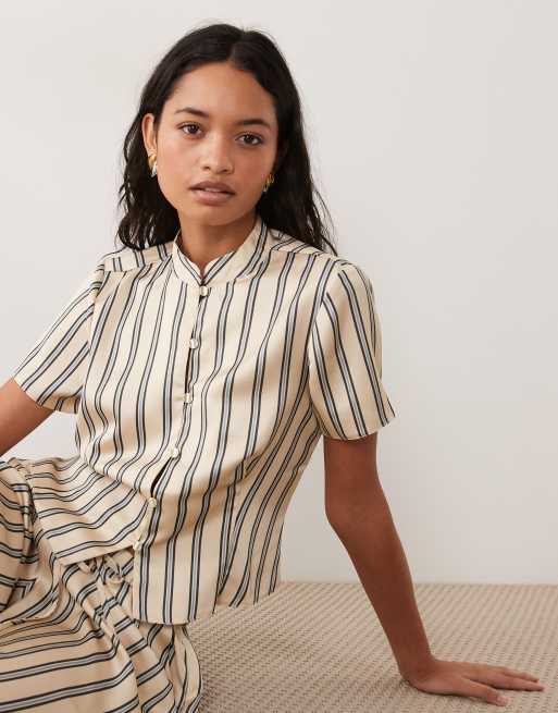 ASOS DESIGN top style mandarin en satin à rayures multicolores, ensemble 2 pièces