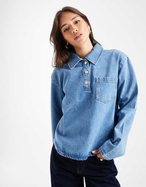 ASOS DESIGN - Top style rugby boutonné en jean - Bleu moyen - view 1