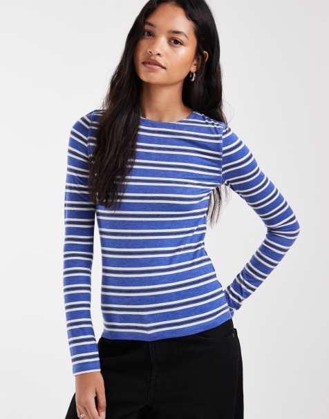ASOS DESIGN - top suave de manga larga con cuello redondo a rayas azules - view 1