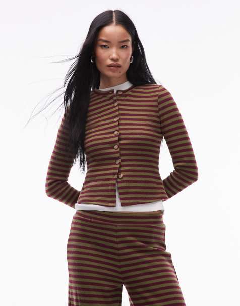 ASOS DESIGN - Top super morbido a maniche lunghe bordeaux a righe con bottoni in coordinato - view 1