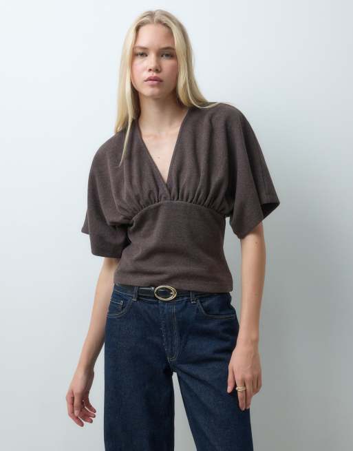 ASOS DESIGN top supersoft con scollo profondo e maniche a pipistrello grigio mélange, 4 di 4