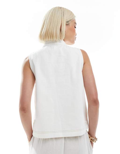 ASOS DESIGN - Top svasato con fiocco al collo in denim écru, 4 di 4