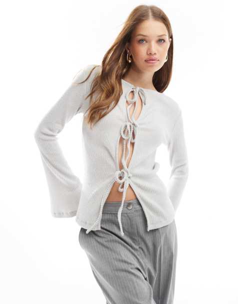 ASOS DESIGN - Top svasato morbidissimo a maniche lunghe grigio a coste allacciato sul davanti - view 1