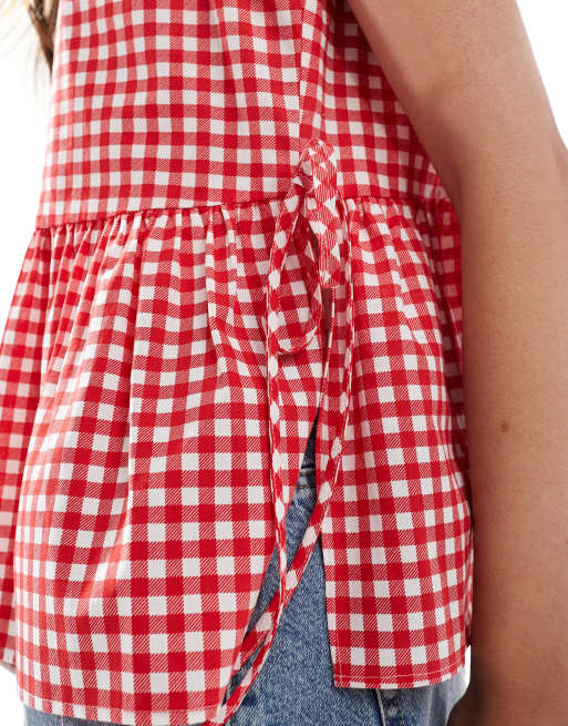 ASOS DESIGN - Top svasato rosso a quadretti con scollo a barchetta e allacciatura laterale, 4 di 4