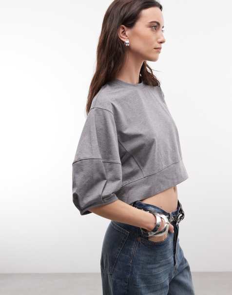 ASOS DESIGN top sweat midi con maniche a metà in grigio mélange - view 1