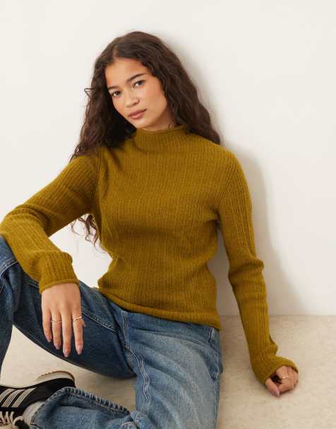 ASOS DESIGN - Top taglio comodo in maglia a coste con collo a imbuto color cumino - view 1