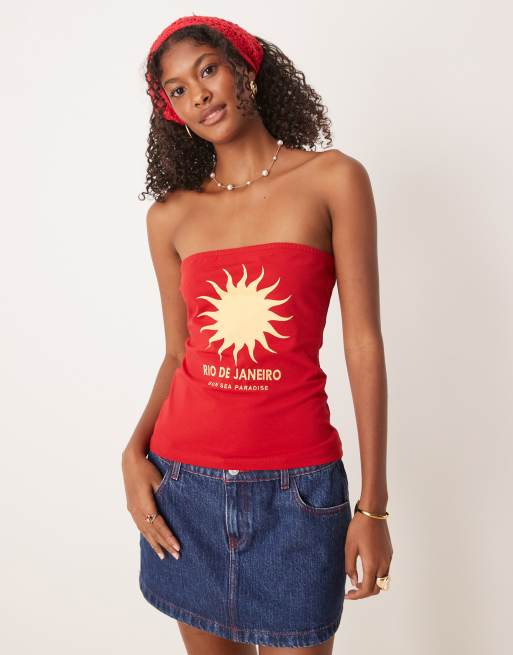 ASOS DESIGN - Top taglio lungo a fascia color pomodoro con stampa di sole
