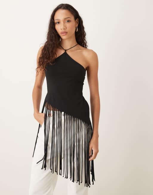ASOS DESIGN - Top taglio lungo allacciato al collo nero con frange