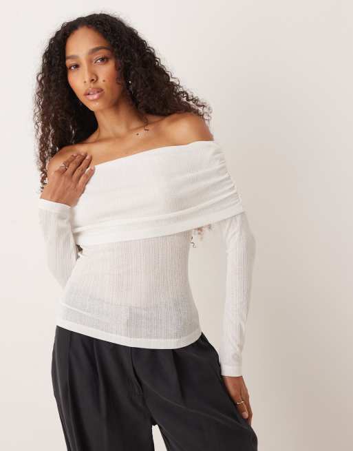 ASOS DESIGN - Top taglio lungo avorio a coste garzato con scollo alla Bardot risvoltato