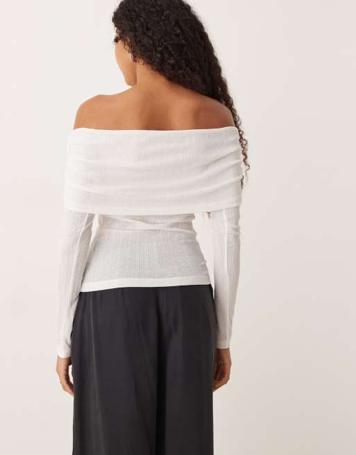ASOS DESIGN - Top taglio lungo avorio a coste garzato con scollo alla Bardot risvoltato, 4 di 4