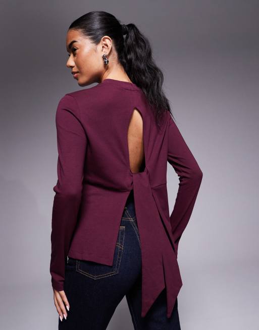 ASOS DESIGN - Top taglio lungo bordeaux con apertura allacciata sul retro