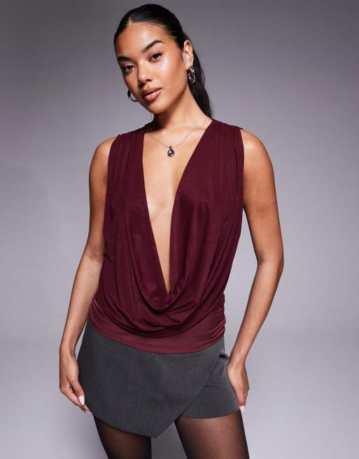 ASOS DESIGN - Top taglio lungo drappeggiato bordeaux in misto rete semitrasparente con scollo profondo