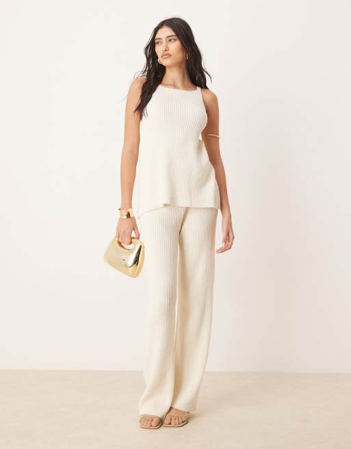 ASOS DESIGN - Top taglio lungo e pantaloni a fondo ampio in maglia color crema in filato fiammato in coordinato