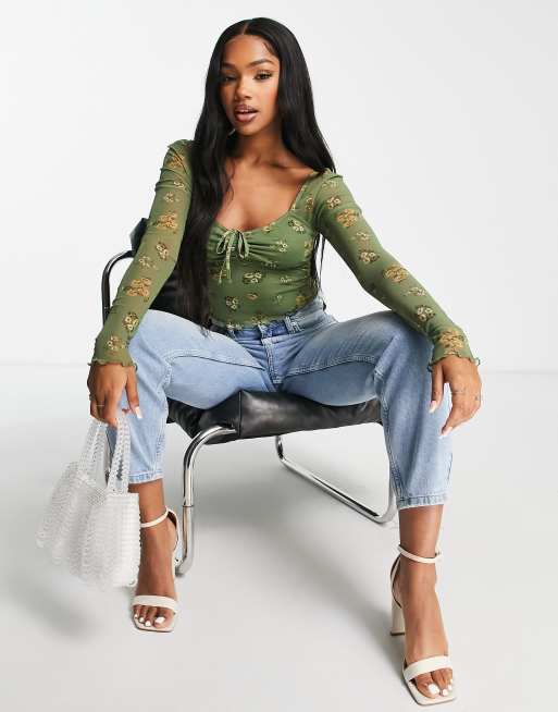 ASOS DESIGN - Top tendance folk années 90 à manches longues en tulle - Vert fleuri, 4 de 4