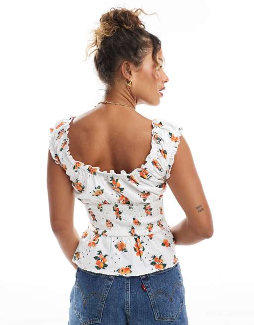 ASOS DESIGN - Top tendance folk boutonné en broderie anglaises - Imprimé oranges, 2 de 4