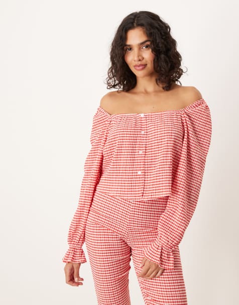 ASOS DESIGN - Top tendance folk d'ensemble à épaules dénudées et carreaux vichy - Rouge - view 1