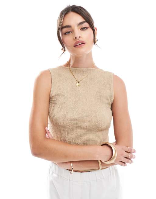 ASOS DESIGN - Top testurizzato marrone con scollo a barchetta e dettaglio posteriore