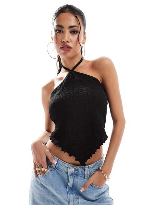 ASOS DESIGN - Top testurizzato nero allacciato al collo con fondo a punta