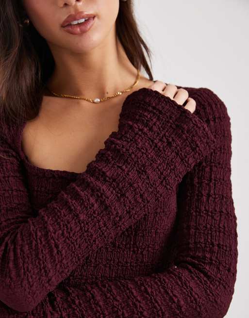 ASOS DESIGN - Top texturé à assortir avec manches évasées et encolure carrée - Bordeaux , 2 de 4
