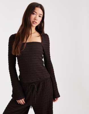 Top texturé à assortir avec manches évasées et encolure carrée - Chocolat-Brown M