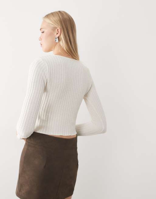 ASOS DESIGN top texturé à boutons, coupe ajustée, manches longues, crème, 3 de 4