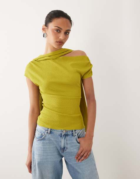 ASOS DESIGN - Top texturé à encolure foulard et épaules tombantes - Vert - view 1