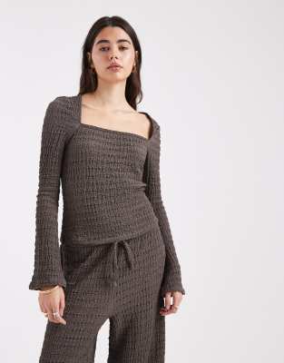 Top texturé à manches évasées et encolure carrée à assortir - Gris foncé S