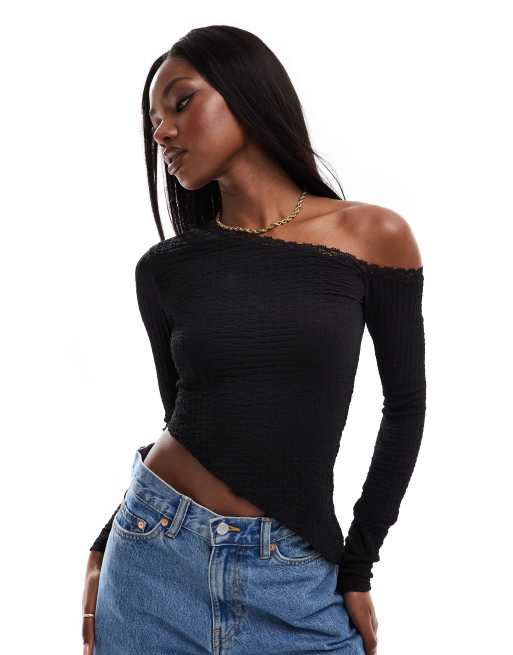 ASOS DESIGN - Top texturé asymétrique avec détail en dentelle - Noir