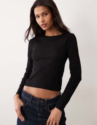 Top texturé en tulle avec manches longues et col ras de cou - Noir S