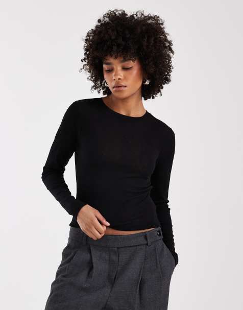 ASOS DESIGN - Top texturé en tulle avec manches longues et col ras de cou - Noir - view 1