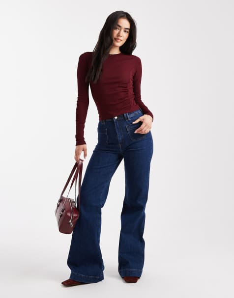 ASOS DESIGN - Top texturé en tulle avec manches longues et fronces sur les côtés - Baie foncé - view 1