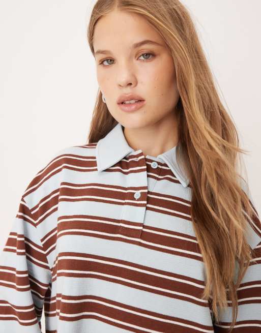 ASOS DESIGN - Top texturé rayé avec col façon polo de rugby - Bleu/chocolat, 3 de 4