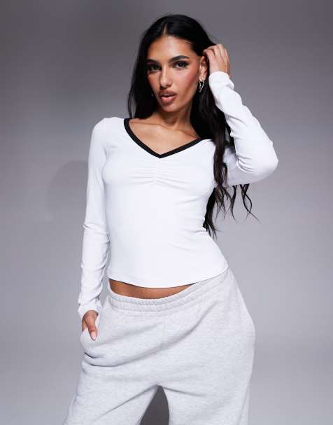 ASOS DESIGN - Top torsadé devant en polyamide à passepoils contrastants - Blanc - view 1