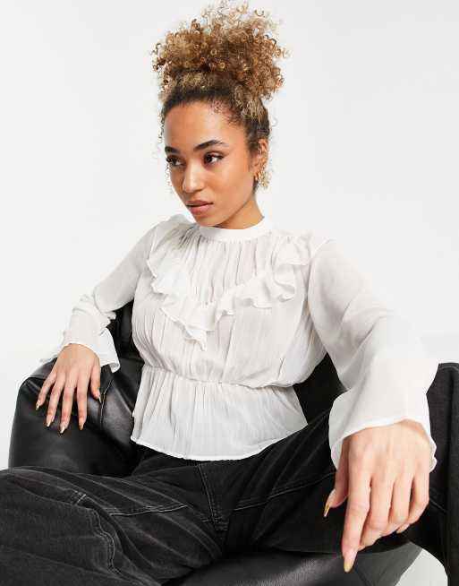 ASOS DESIGN - Top transparent à col montant et coutures volantées - Ivoire