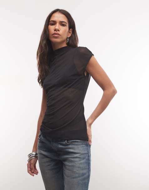 ASOS DESIGN top transparent à col montant et manches courtes avec détails de couture, noir - view 1