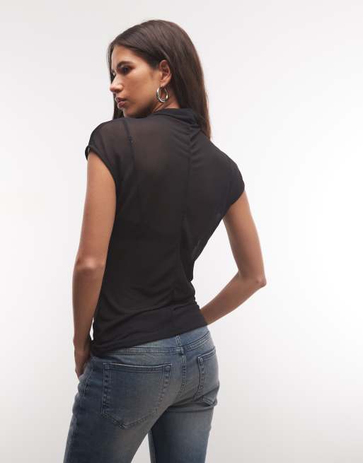 ASOS DESIGN top transparent à col montant et manches courtes avec détails de couture, noir, 4 de 4