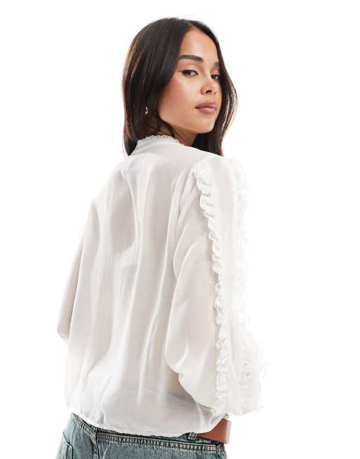 ASOS DESIGN - Top transparent à manches longues et empiècements à volants en dentelle - Blanc, 4 de 4