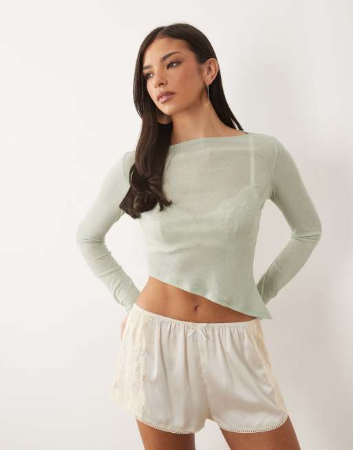 ASOS DESIGN - Top transparent à manches longues et ourlet asymétrique - Sauge, 3 de 4