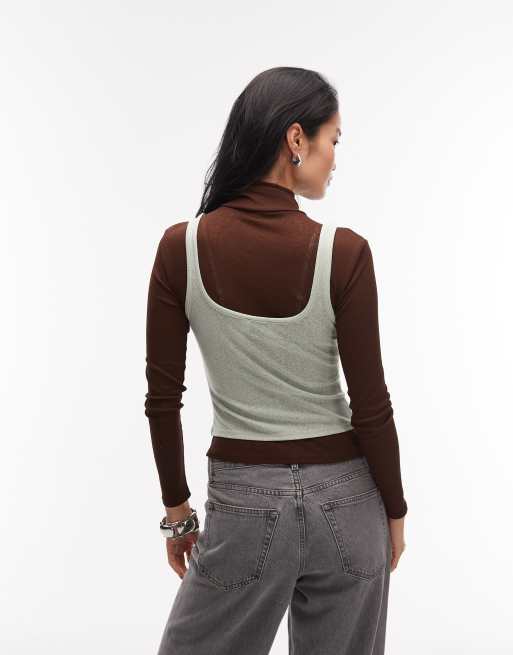 ASOS DESIGN - Top transparent double épaisseur à manches longues et col cheminée - Chocolat et menthe, 3 de 4